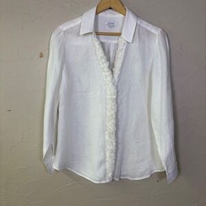 Chicos Linen Ruffle Front Blouse Women Size 0 4 White Long Sleeve Coastal Chic